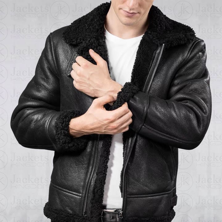 Men Aviator B3 Shearling Leather Jacket in Black - AMSEL LEATHERS