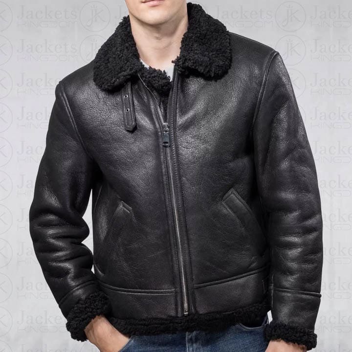 Men Aviator B3 Shearling Leather Jacket in Black - AMSEL LEATHERS