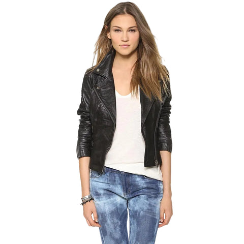 women's black lambskin leather biker jacket liora front view