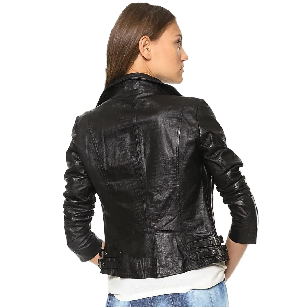 women's black lambskin leather biker jacket liora back view