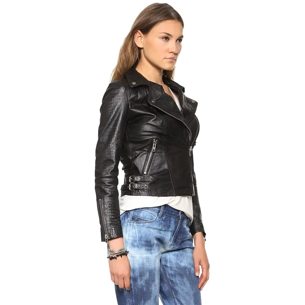 women's black lambskin leather biker jacket liora detail close up
