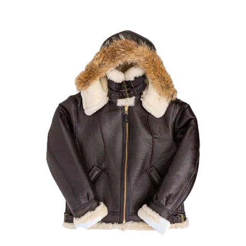 B-3 Hooded Sheepskin Bomber Leather Jacket