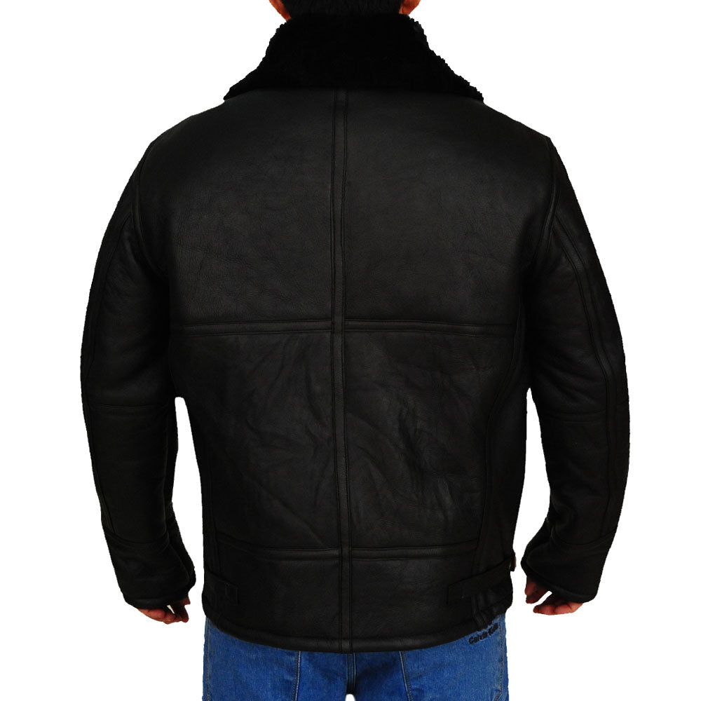 • black b3 sheepskin bomber jacket fur lining detail
