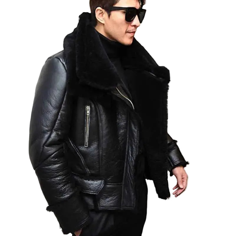 • b3 winter shearling bomber jacket mens black front view
