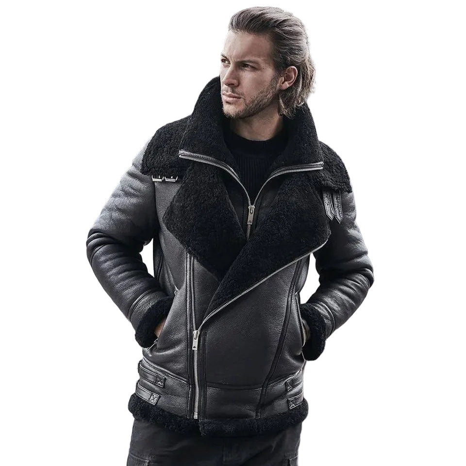 • b3 shearling motorcycle jacket mens double collar front view
