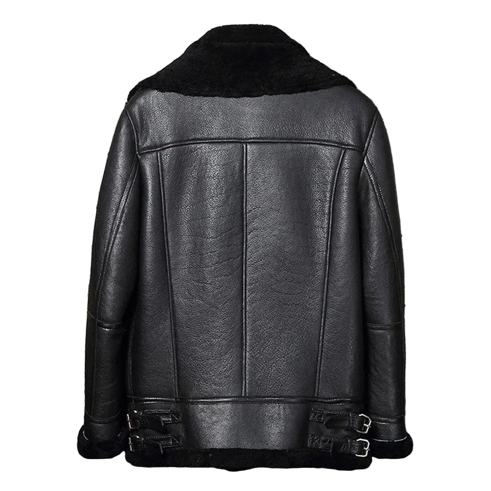 • black b3 bomber biker jacket sheepskin detail
