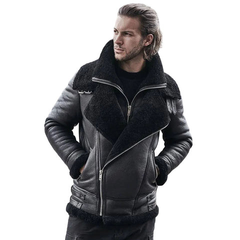 • b3 shearling motorcycle jacket mens double collar front view
