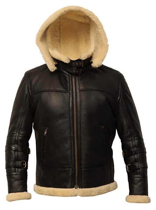 • b3 shearling jacket removable hood mens black front view
