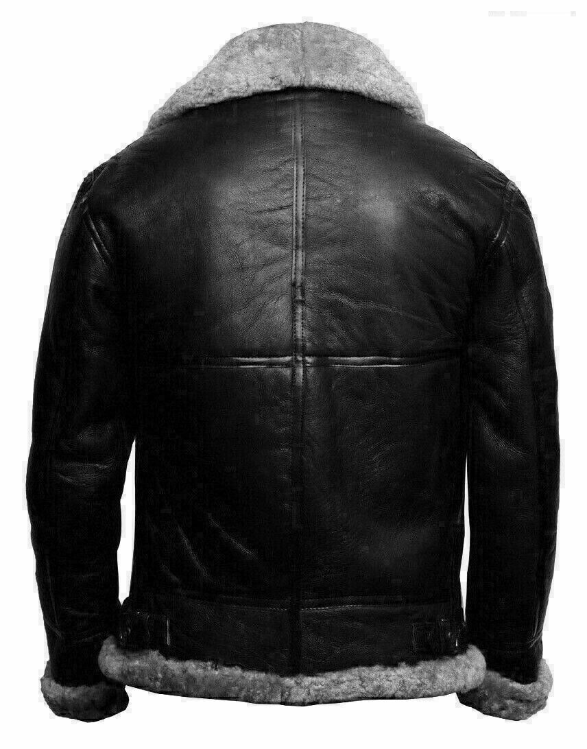 Men’s black leather aviator jacket with shearling collar