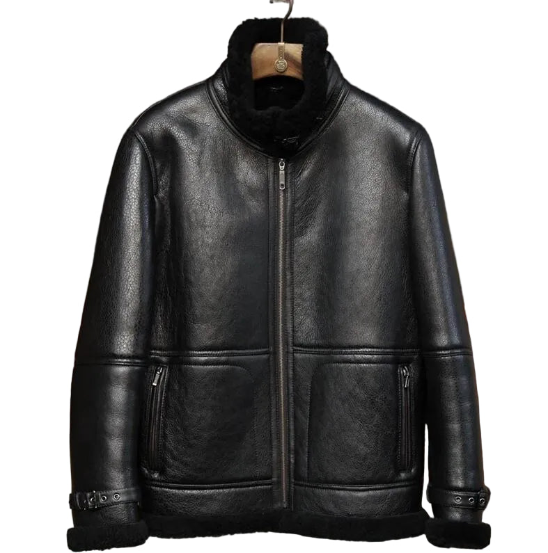 • black raf aviator sheepskin leather jacket detail
