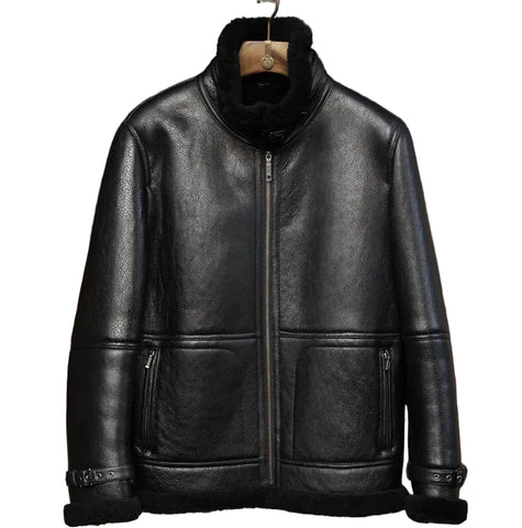 • black raf aviator sheepskin leather jacket detail
