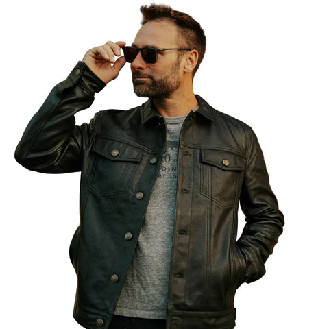 • mens leather jacket rugged finish side angle
