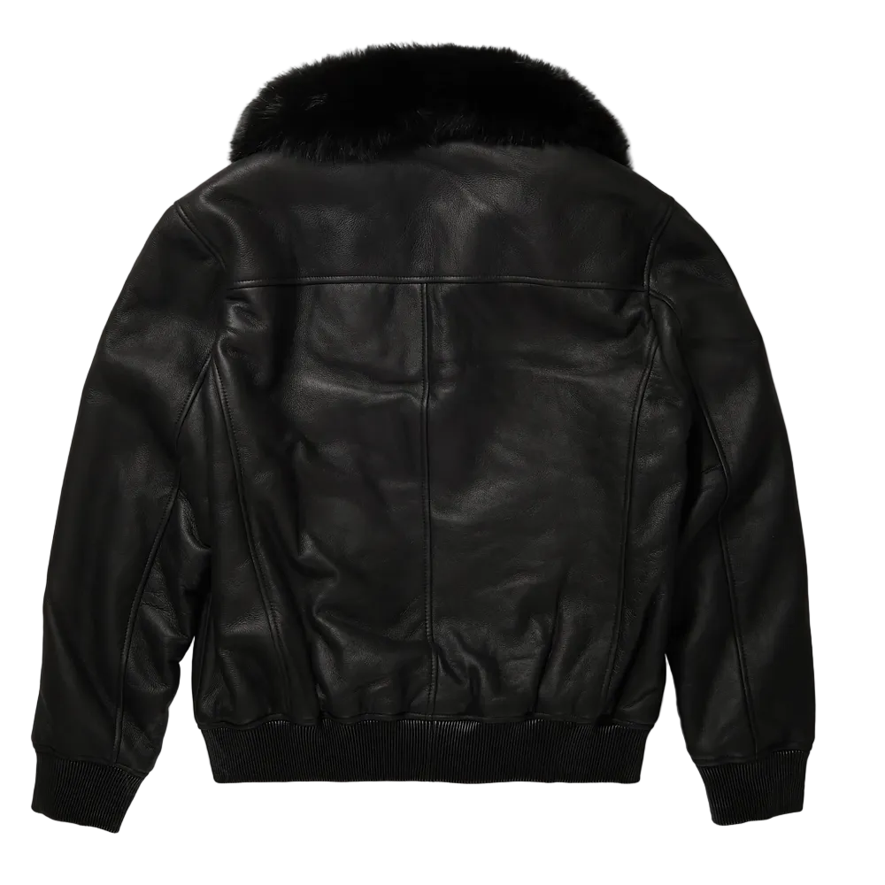 • black b3 flying leather jacket fur collar detail
