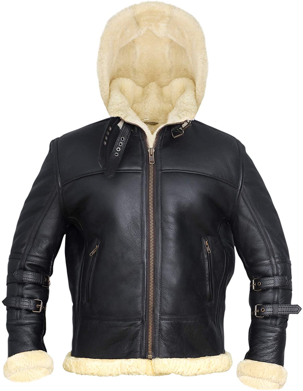 • b3 shearling bomber jacket removable hood mens black front view
