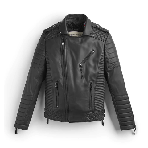 • black leather biker jacket patterned mens front view
