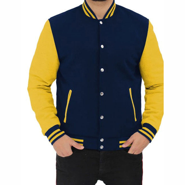 Baseball Jacket In Navy Blue And Yellow - AMSEL LEATHERS