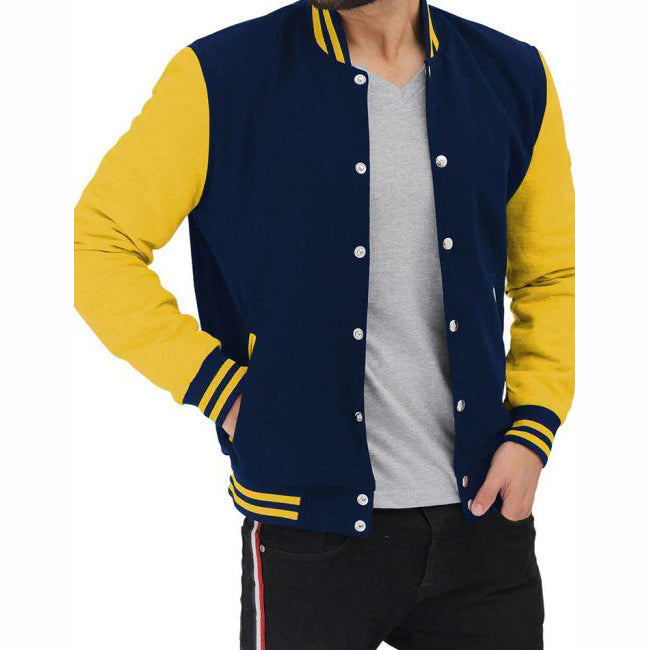 Baseball Jacket In Navy Blue And Yellow - AMSEL LEATHERS