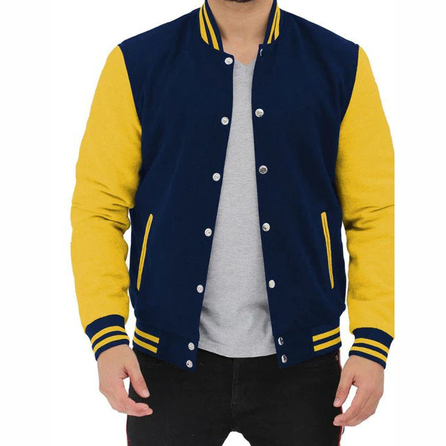 Baseball Jacket In Navy Blue And Yellow - AMSEL LEATHERS