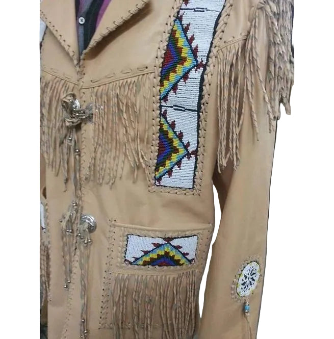 Beige cowboy leather jacket with fringes for men
