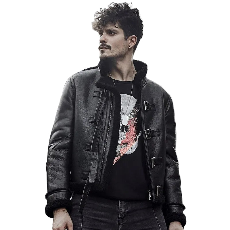 Belted shearling aviator jacket in black leather