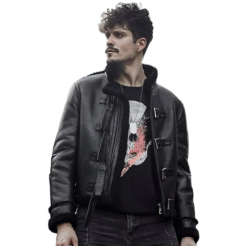 Belted shearling aviator jacket in black leather