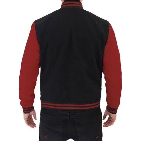 • mens maroon black letterman jacket rib collar detail
