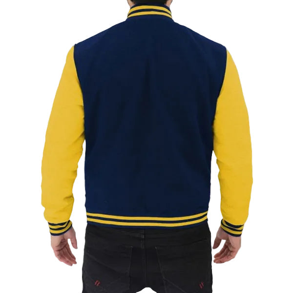 men’s blue cowhide leather varsity jacket side angle