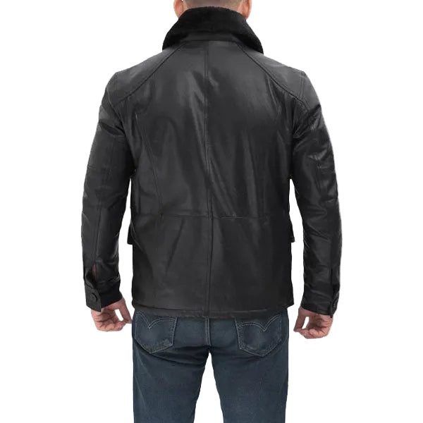 • black shearling jacket leather detail close up
