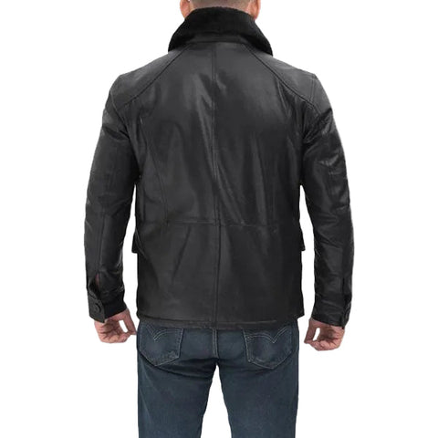 • black shearling jacket leather detail close up
