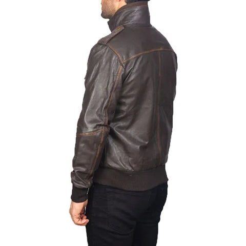• high neck leather bomber jacket detail close up
