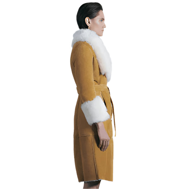 Women's Tan Brown Suede Leather Shearling Coat - AMSEL LEATHERS