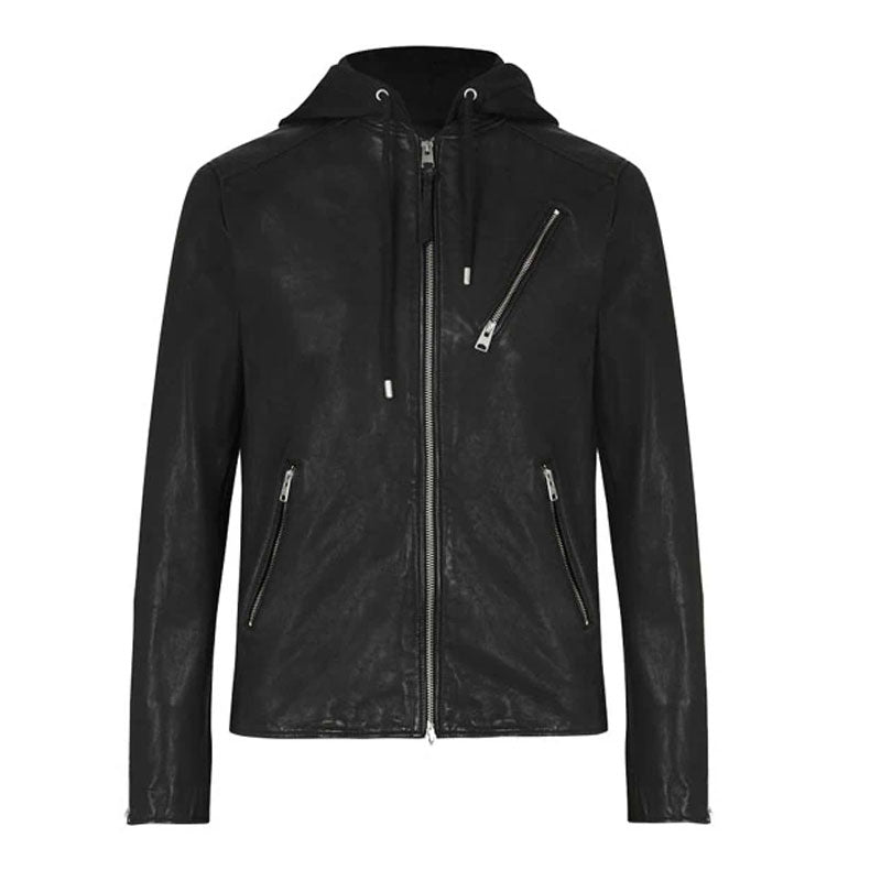 • black leather biker jacket removable hood mens front view
