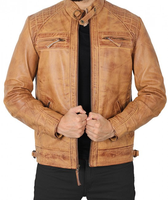 • camel leather motorcycle jacket mens front view
