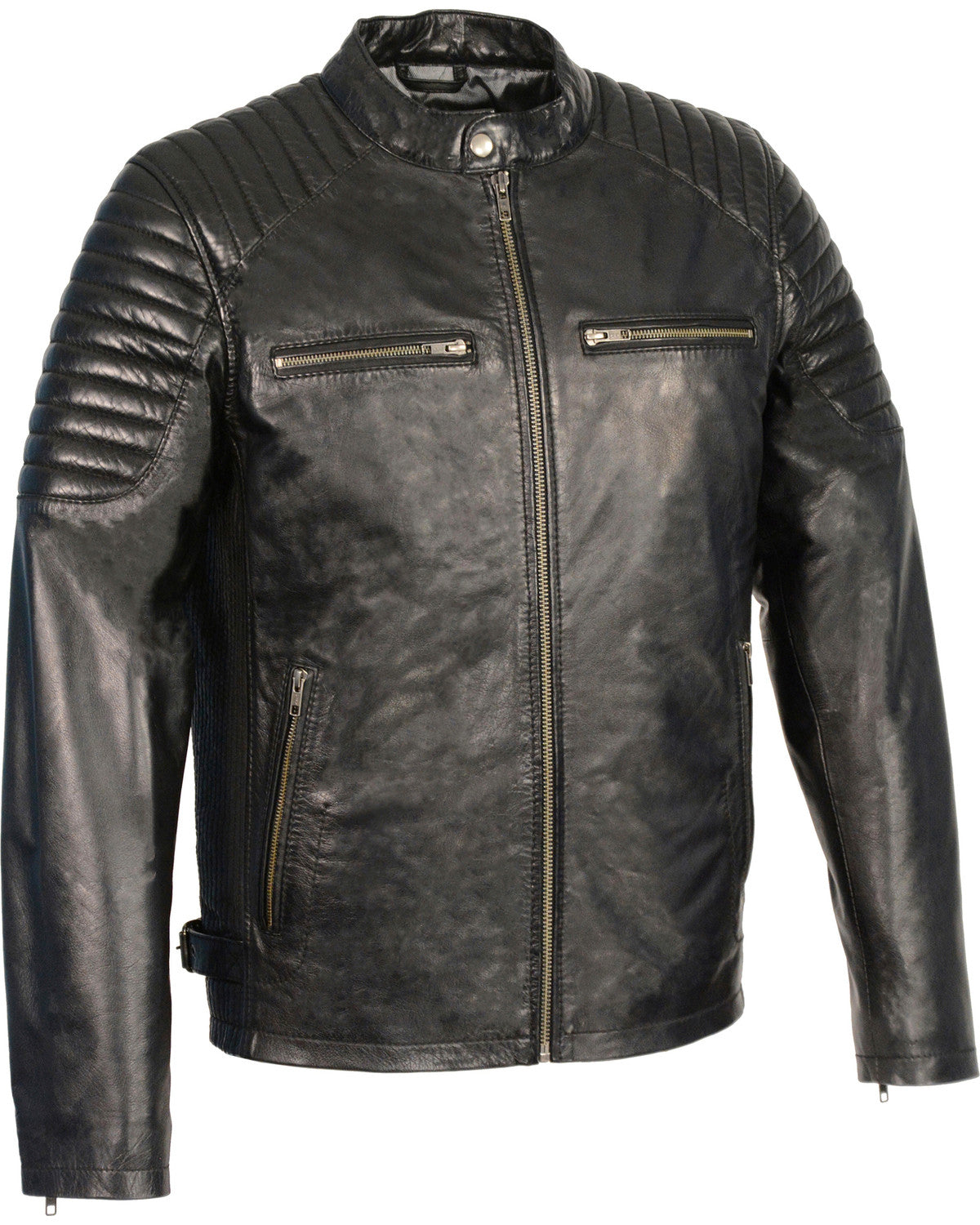 Men’s black leather jacket with quilted shoulders
