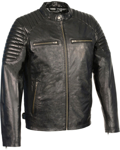 Men’s black leather jacket with quilted shoulders
