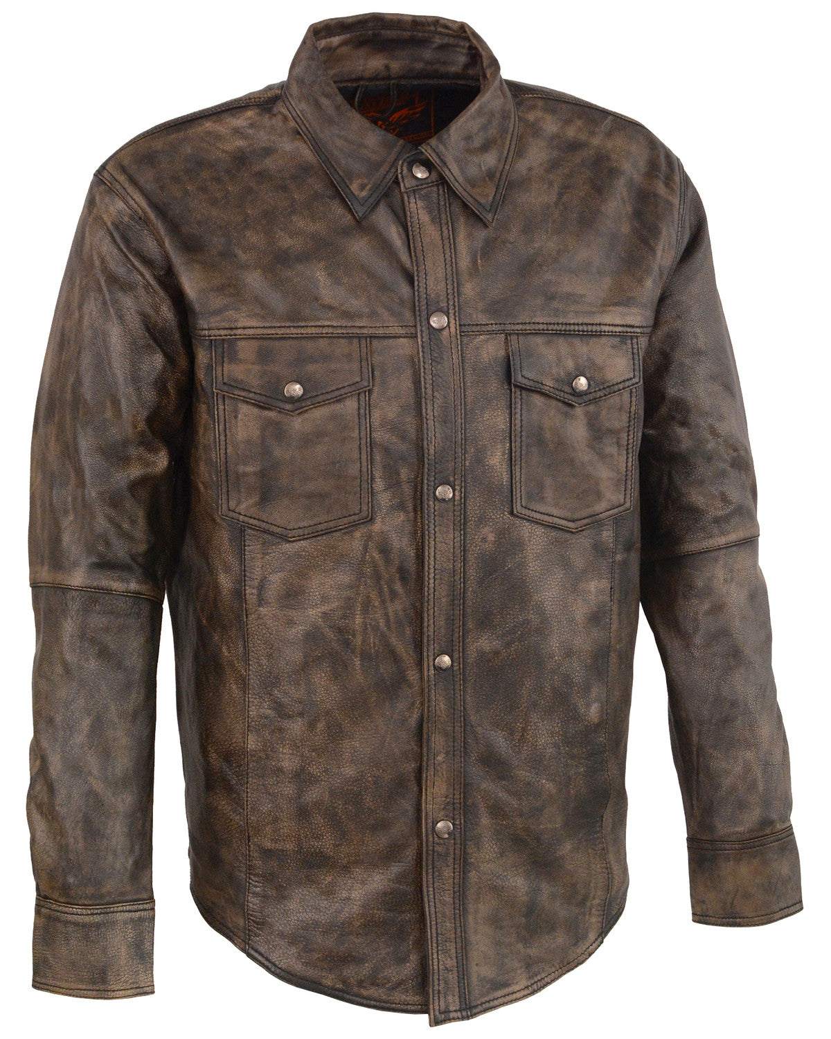 • mens distressed brown leather shirt jacket front view
