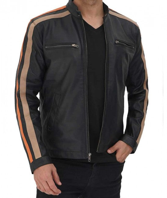 • black cafe racer leather jacket mens front view
