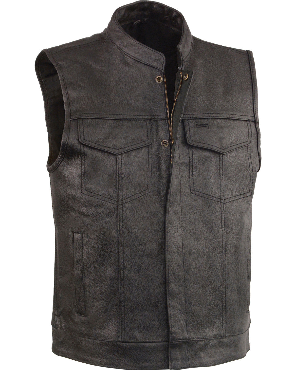 • black open neck leather vest mens front view
