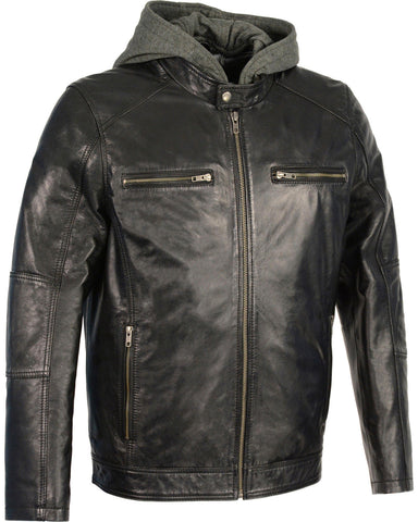 Men’s black leather moto jacket with removable hood
