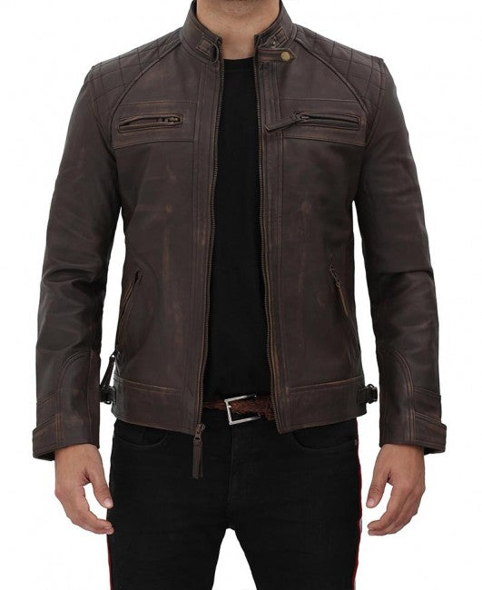 • distressed brown leather jacket mens front view
