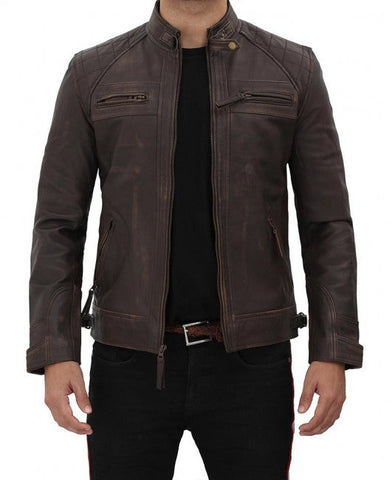 • distressed brown leather jacket mens front view
