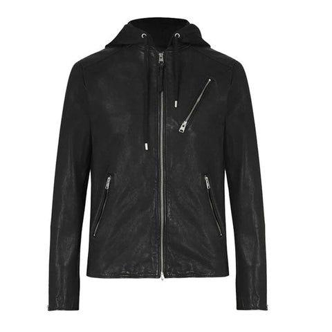 • black leather biker jacket removable hood mens front view
