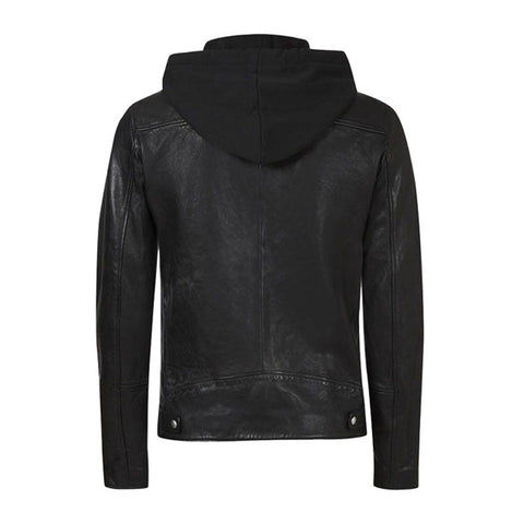• mens hooded biker leather jacket chest pocket detail
