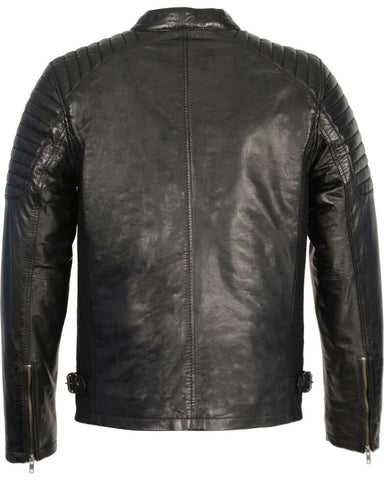 Black snap collar leather jacket for men
