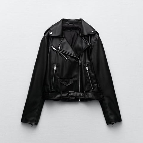 • black womens sheepskin leather biker jacket front view
