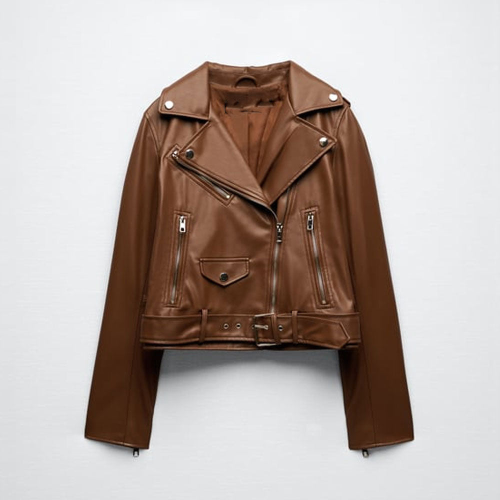 • brown womens leather biker jacket front view
