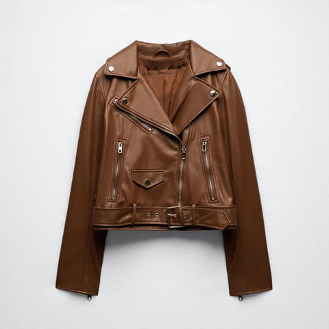 • brown womens leather biker jacket front view
