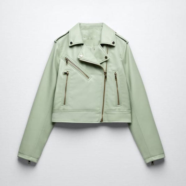 • green womens faux leather biker jacket front view
