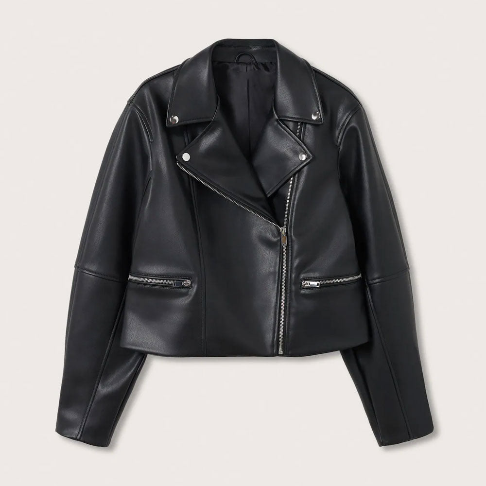 women’s black cowhide leather biker jacket front view