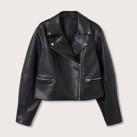 women’s black cowhide leather biker jacket front view